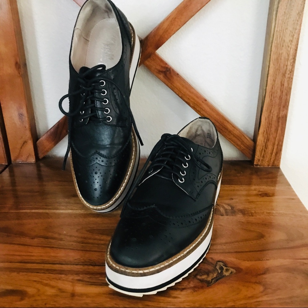 Shelly's London Emma Black Platform Wing Tip Oxford Shoes Womens 36, US 5-6